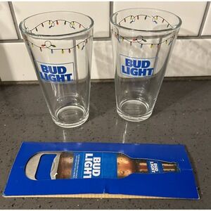 New Pair Of Bud Light Holiday Christmas Glasses & Bottle Opener NIB